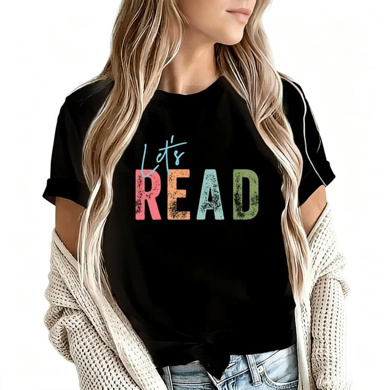 Lets Read Women's T-Shirt 100% Cotton Funny Graphic Short Sleeve Tee Novelty Shirt Casual Crew Neck Top S-5Xl