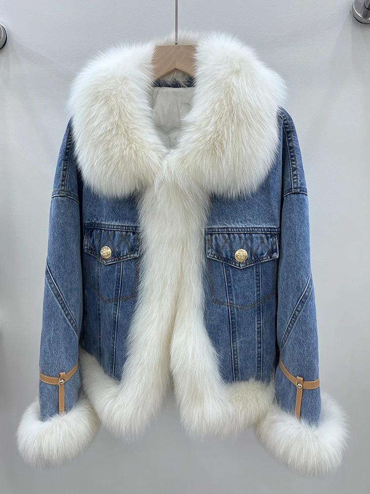 

2023 Autumn Winter Women's Denim White Goose Down Coats With Natural Real Fox Fur Collar Cuff Women Outwear Luxury Female Jacket