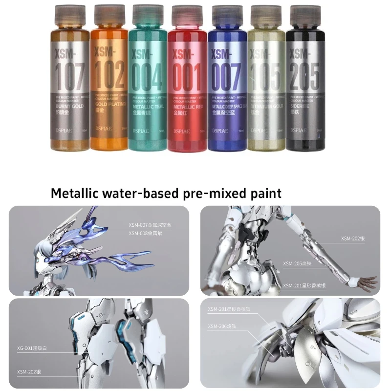 

Dspiae Xsm 50ml Metallic Water-basedpre-mixed Paint Master Spray Painting Hand Painted Model Figures Kit Pigment For Hobby Diy