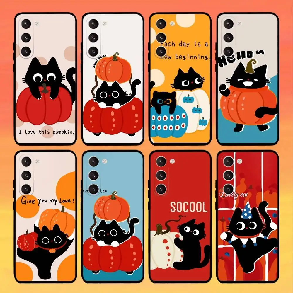 

Little Black Cat and the Sweet Pumpkin Phone Case For Samsung Galaxy A73,21,22,32,71,53,52,51,80,5G Soft Black Cover