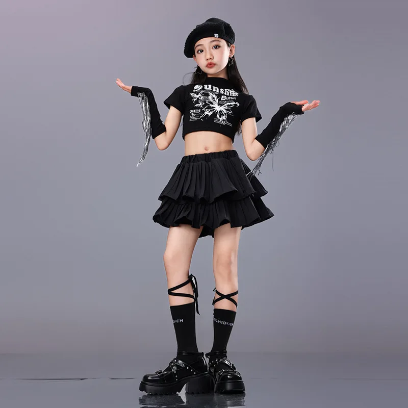 Kids Hip Hop Sweet Crop Top Street Dance Tiered Skirts Girls Streetwear Children Jazz Cheerleader Costumes Stage Clothes Sets