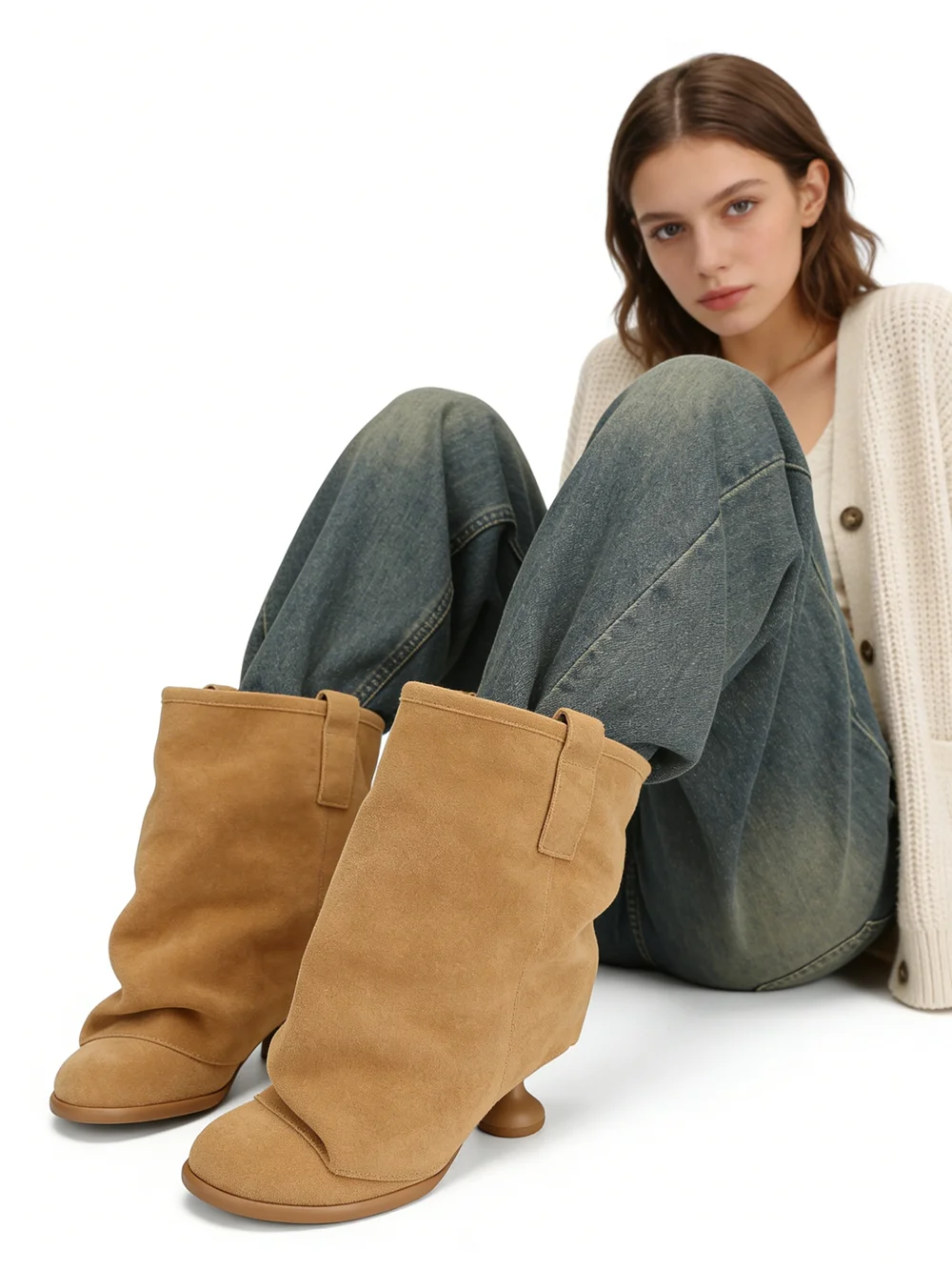 

Ботинки-слипоны из замши телесного цвета на низком скульптурном каблуке, с круглым носком, в стиле «cool-girl», для повседневной носки