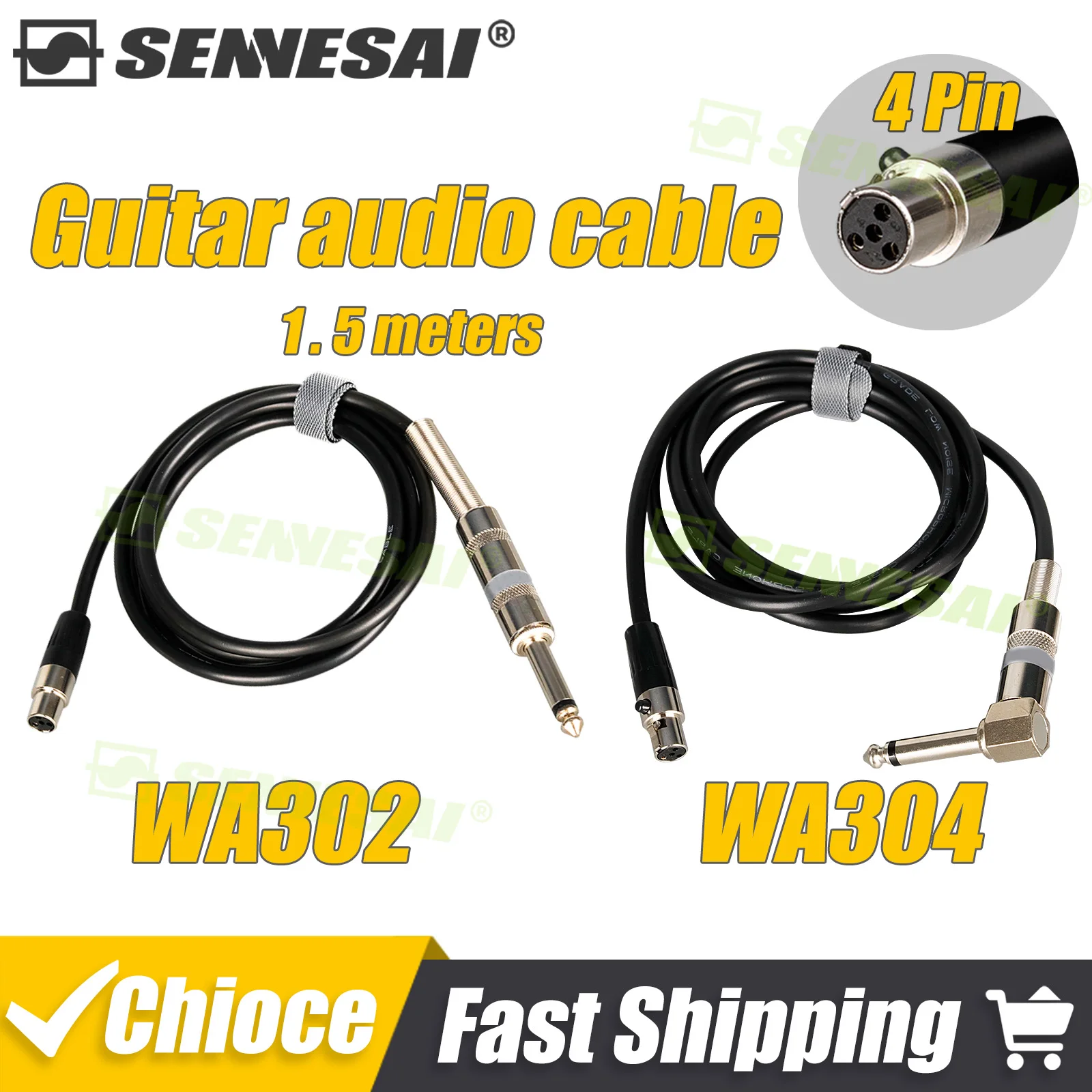SENNESAI WA302 WA304 Guitar Instrument 4-pin mini xlr Cable for Shure Transmitter Wireless Microphone System，1.5 Meters