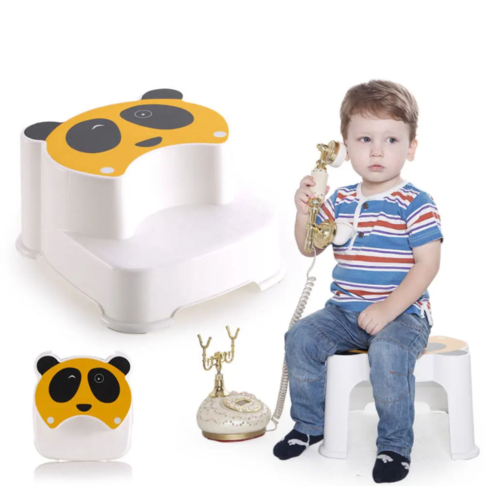 1개 어린이 미끄럼 방지 발판 노란색 만화 팬더 패턴 이중층 어린이 발판 손 씻기용 의자