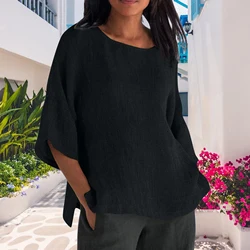 Women Top Stylish Women's 3/4 Sleeve Linen Cotton Blouses for Wear Loose Fit Vacation Tops Solid Colors Crew Neck for Spring