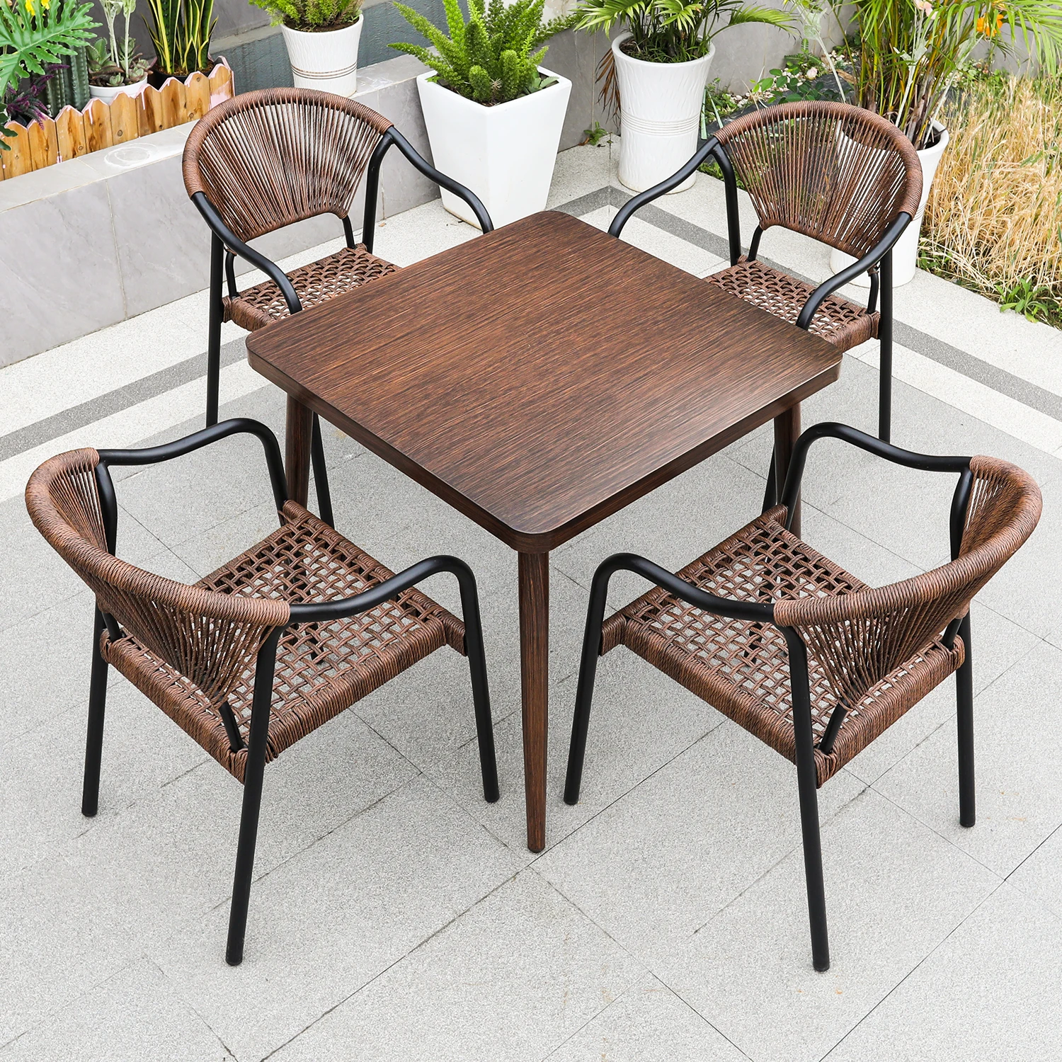 

*r for Weathered Outdoor Furniture Dining Table With Woven Rope Chair Garden Patio Dining Furniture Set&