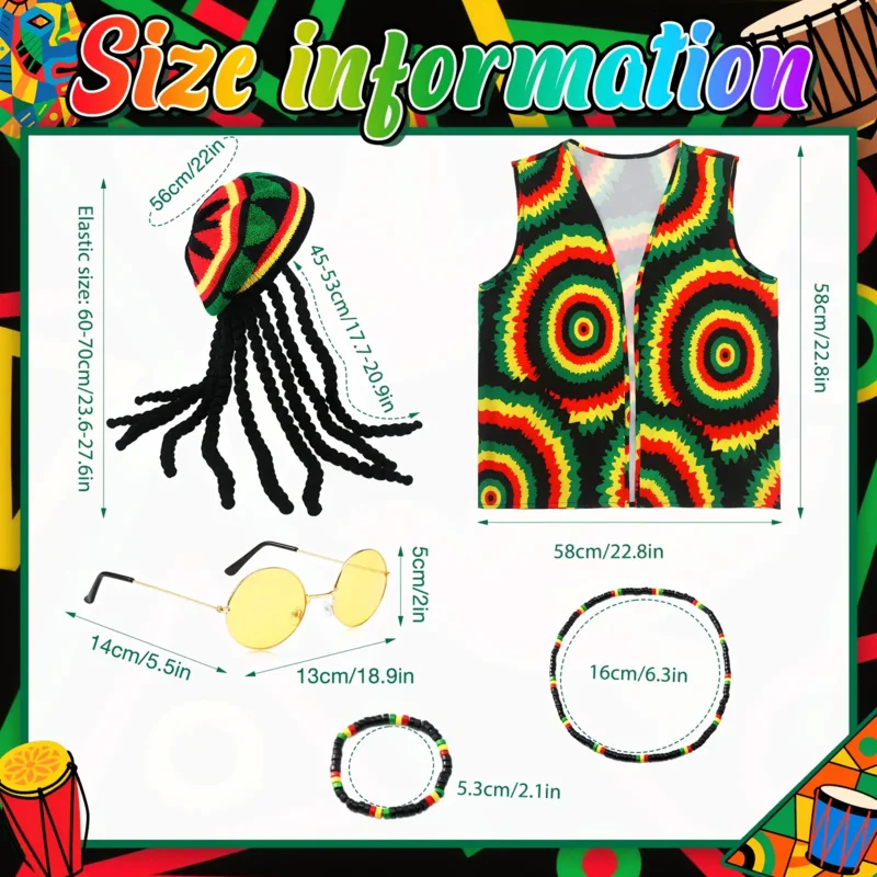5 pezzi Reggae Costume Gilet Occhiali gialli Dreadlocks intrecciati Parrucca Cappello per donna Uomo Festa in maschera Cosplay Carnevale di Halloween