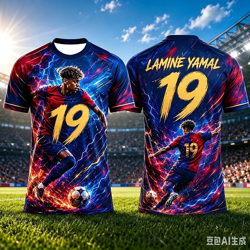 Yamal No.19 Football 3D Printed Jersey with Lightning Special Effects, Star Portrait, Quick Drying Sports Short Sleeved Shirt