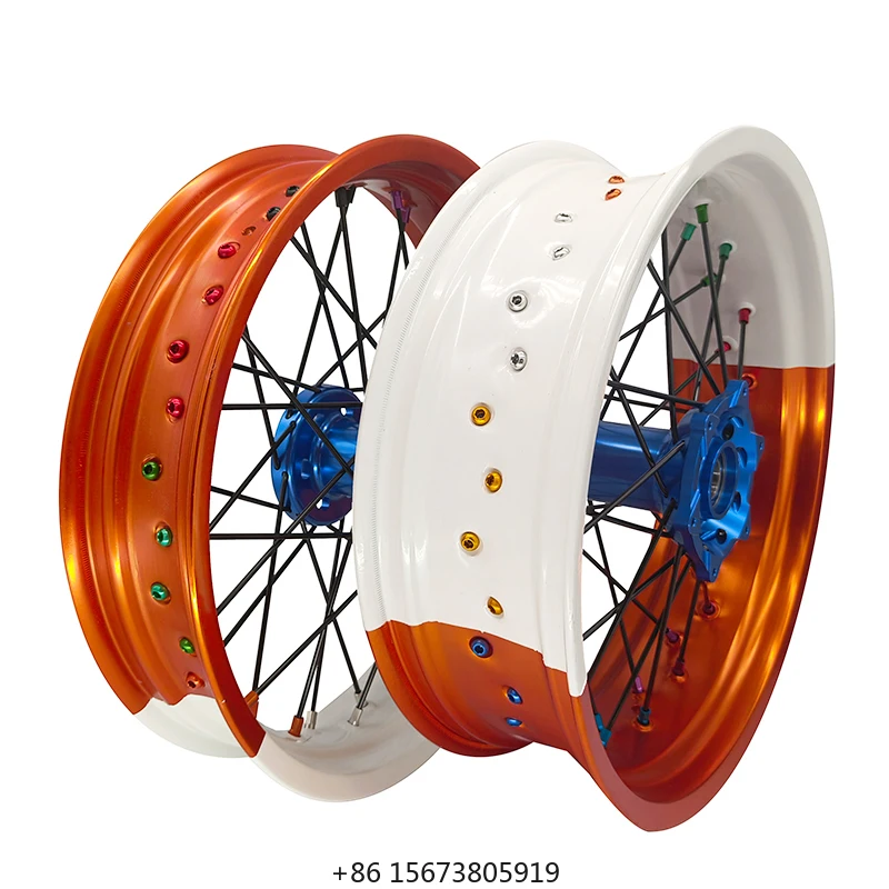Motorcycle Bi-color White and Orange Supermoto Wheels Supermotard Wheel Set  for  EXC SXF SX
