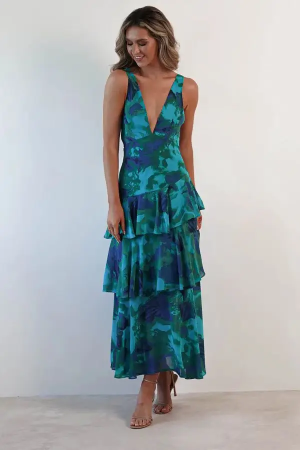 Elegant Chiffon Ruffled Maxi Dress Sexy Deep V Neck Women Floral Print Boho Beach Vacation Casual Party Dresses New Vestidos