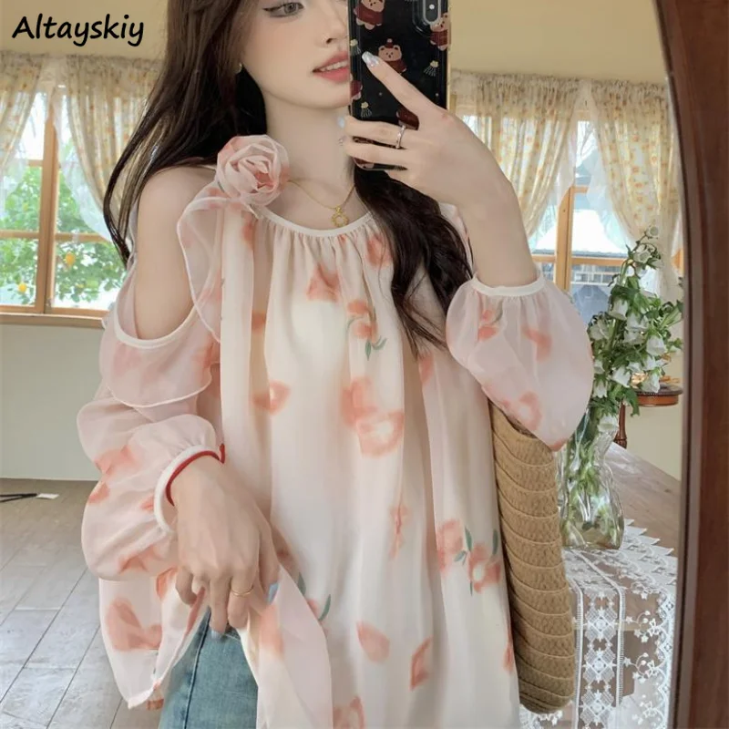 Floral Blouses Women Summer Off Shoulder Sweet All-match Loose Casual Tops Gentle Aesthetic Sunscreen Chiffon Shirts Designed