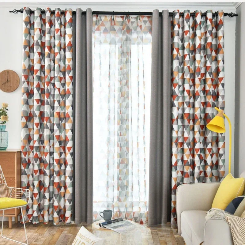 Nordic minimalistische kleur driehoek bedrukt gordijn eenvoudig modern imitatie linnen splitsen erker woonkamer verduisteringsgordijn