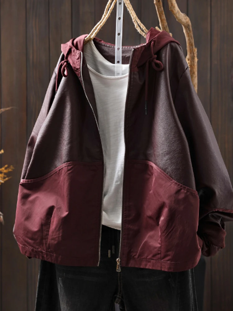 

Women Long Sleeve Hooded Coats New Arrival 2025 Autumn Vintage Style Patchwork PU Leather Loose Female Basics Jackets T709