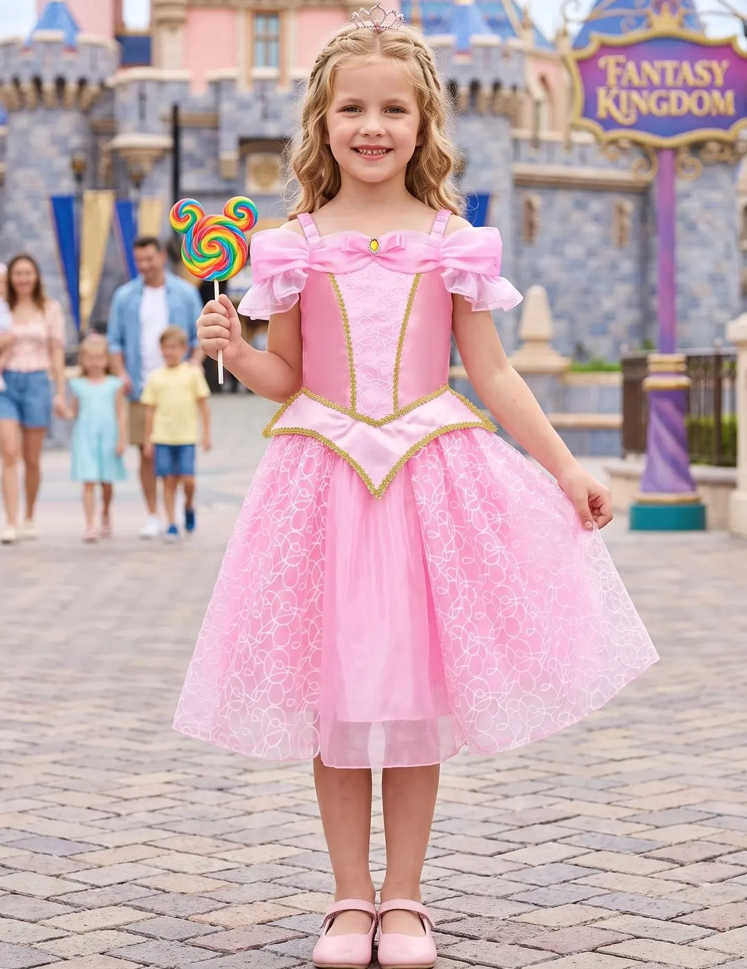 Girls Dress Pink Embroidered Tulle Off Shoulder Ruffle Bow Princess Costume Party Satin Dress