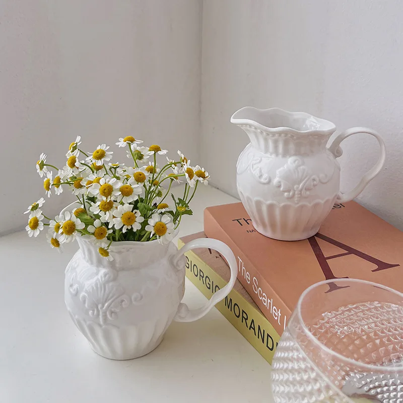 

CuteLife Nordic White Relief Ceramic Flower Vase Vintage Home Decoration Milk Jug Porcelain Living Room Coffee Table Plant Vases