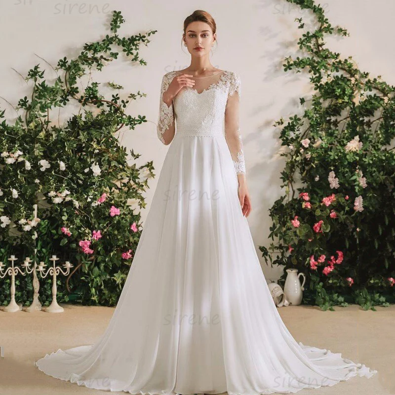 Böhmisches Hochzeits kleid weiß A-Linie O-Ausschnitt Langarm Spitze Applikationen Chiffon Illusion zurück Brautkleider Zug Vestidos de Novia