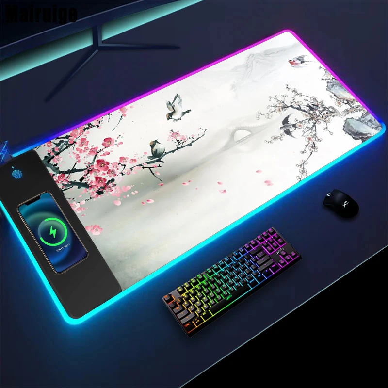 Large Chinese Landscape Mouse Pad with Wireless Charging and Colorful RGB Lights Desk Mat Desk Writing Pad Desks Accessories