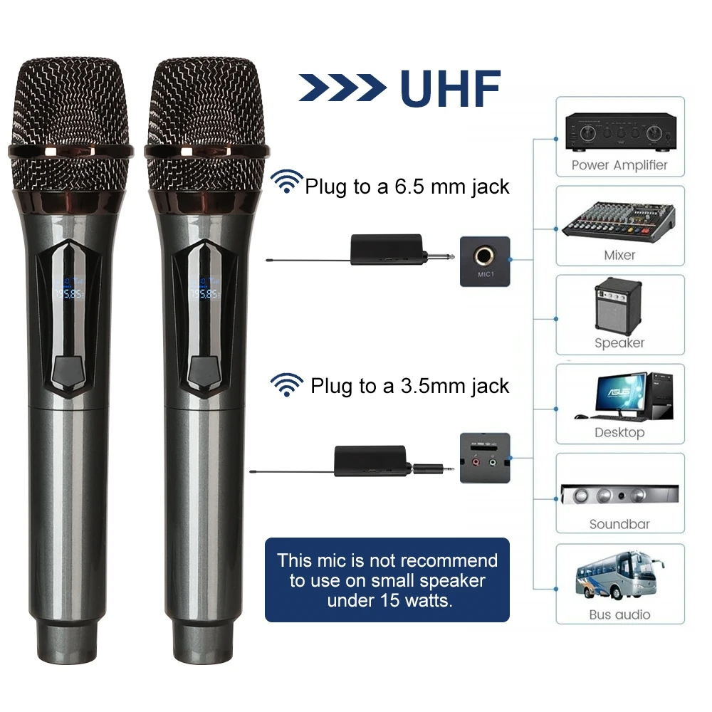 Wireless Microphone 2 Channels UHF Dual Handheld Dynamic Microphone with Rechargeable battery For Karaoke Party Home Meeting