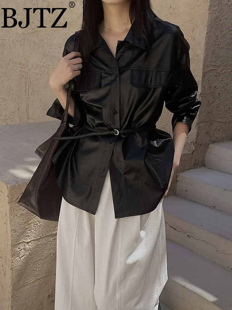 

BJTZ Design Sense Leather Shirt for Women 2025 Autumn New High-end Loose Waist Slimming Long Sleeve Jacket