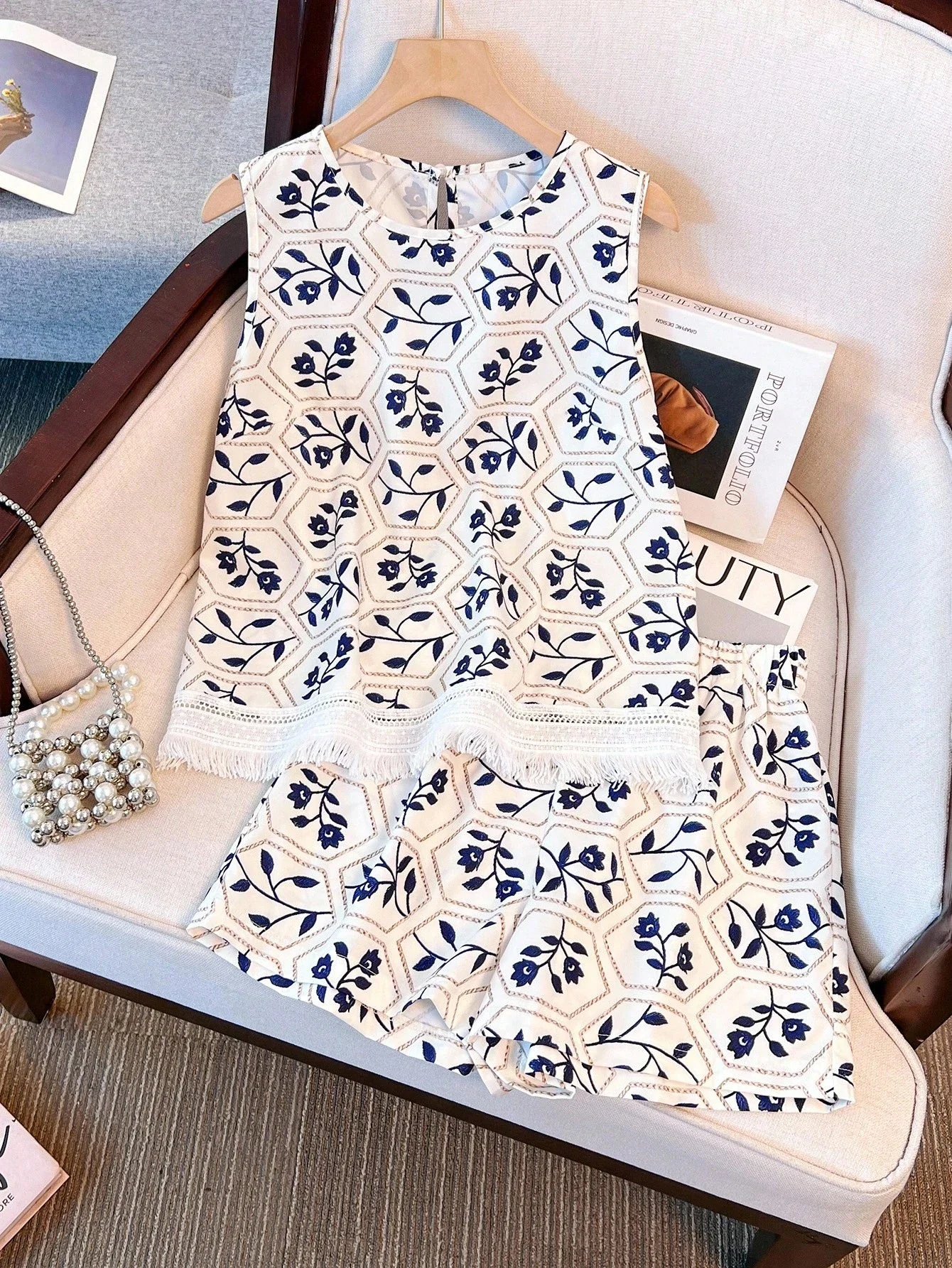 

Women's Summer Casual Floral Print Tassel Trim Tank Top And Shorts 2pcs Set