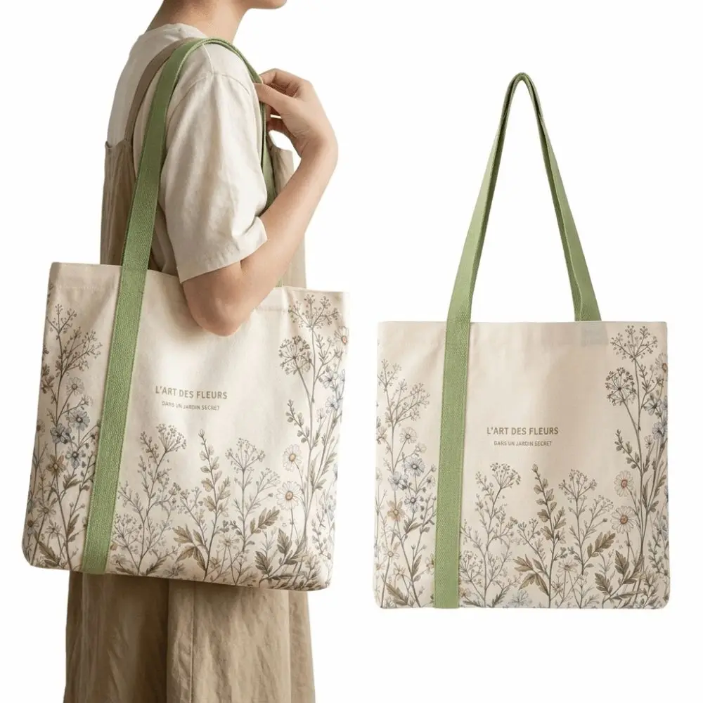 New Cotton Canvas Canvas Tote Bag Green Daisy Print Durable Shoulder Handbag Lightweight Travel Bag Picnics