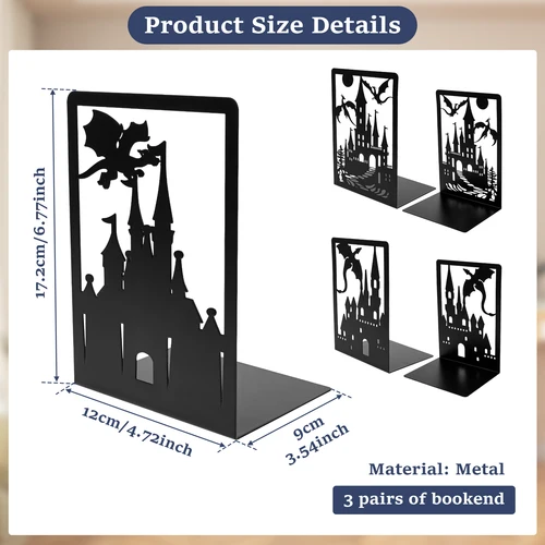 Imagen 2 del producto Sujetalibros de Metal con diseño de Castillo de Dragón hueco/flor, soporte antideslizante para libros, organizador de libros, decoración de escritorio, tapón para libros, 6 uds.