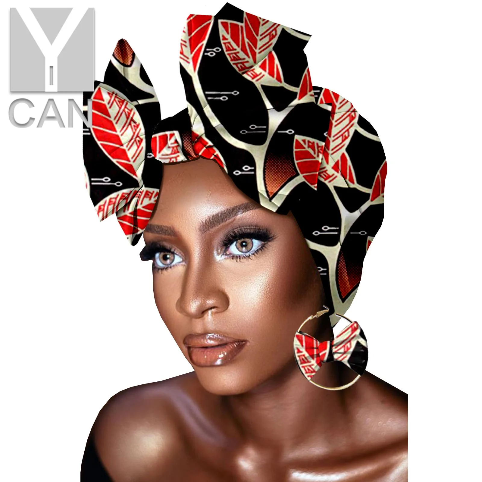 

African Print Headwraps Hijab Match Bowtie Earrings for Women Turban Designer Dashiki Ladies Ankara Handwear Sets Y22H004