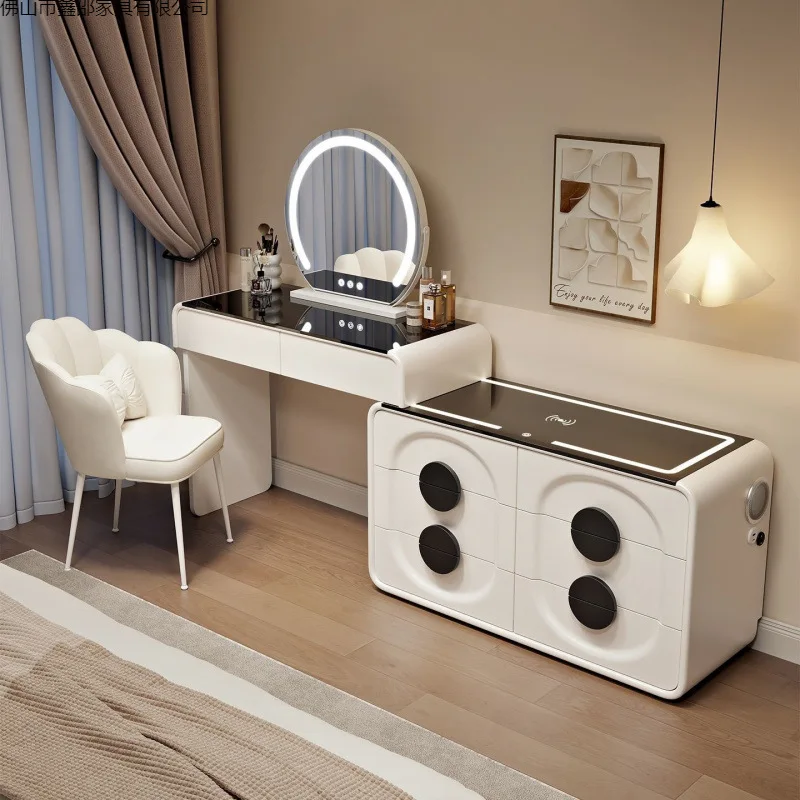 Modern Wood Makeup Tables Built-in Audio Speaker Anti-Fog Mirror Space-Saving Dressing Table for Bedroom Living Room Apartment