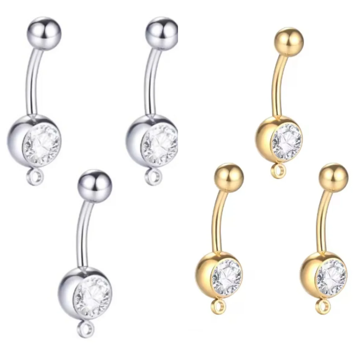 100pcs Body Jewelry Shine Gems Surgical Steel Navel Rings Belly Button Bar Navel Piercing + Circle DIY Jewelry Sliver Golden