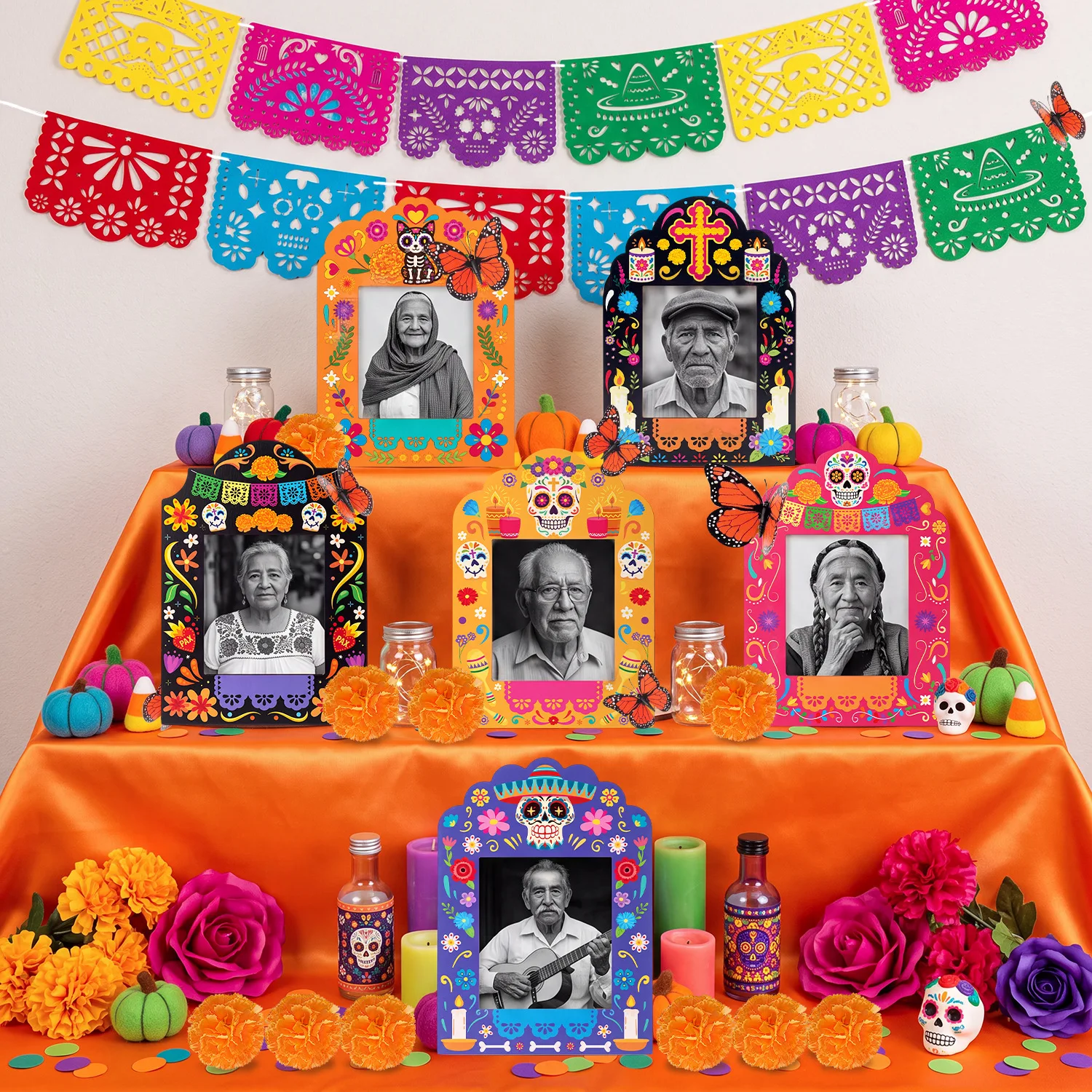 Day of the Dead Sugar Skull Wooden Frame – Daisy Altar Decoration with Butterfly Wooden Craft