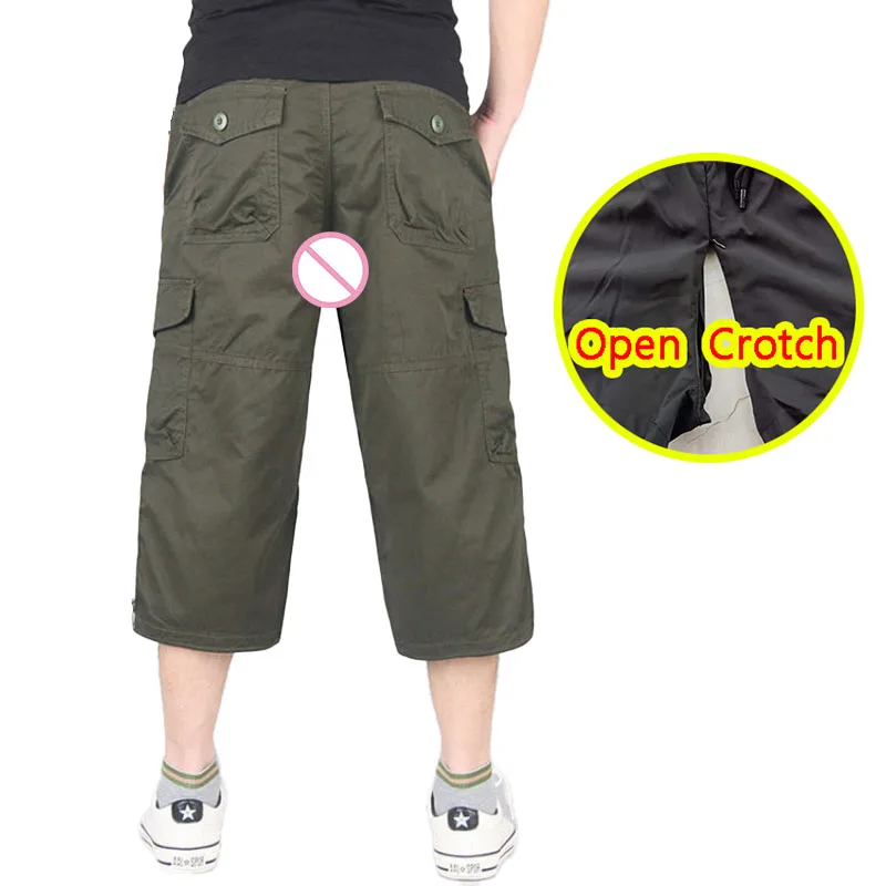 

Men Open Crotch Cargo Pants Multi-Pockets Casual Crotchless Panties with Hidden Zippers Club Wear Clothing Cropped Trousers