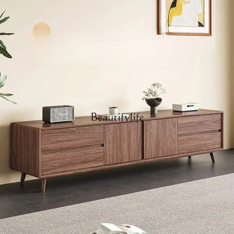 

02 Black walnut TV cabinet All solid wood storage cabinet Narrow cabinet with drawers