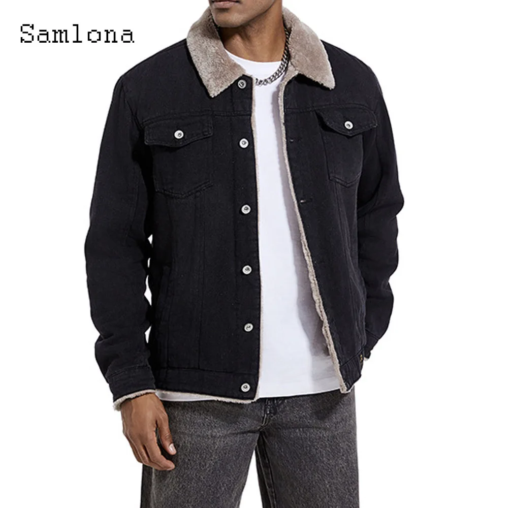 

Samlona Plus Size Mens Casual Plush Denim Jackets Lepal Collar Multi-pockets Jean Outerwear Men Vintage Basic Demin Jeans Jacket