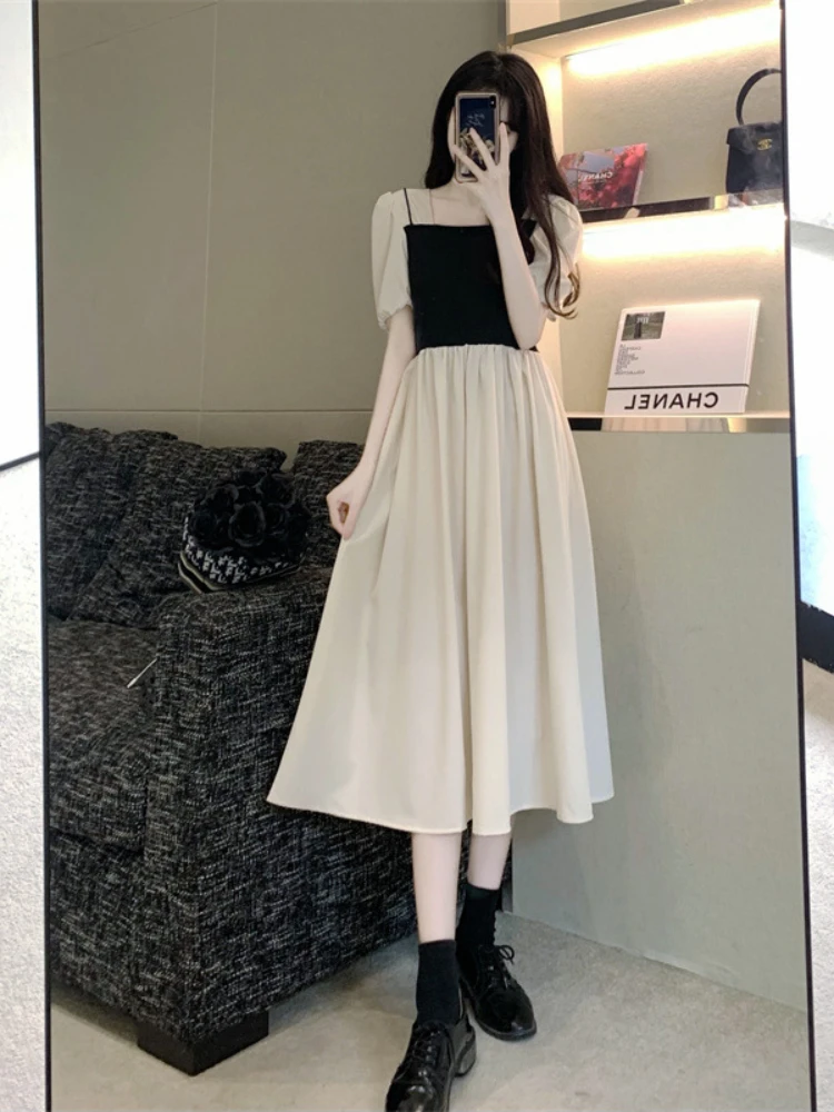 New Elegant Party Dresses for Women 2023 Summer Short Sleeve Panels Square Neck A-line Formal Dresses Women Clothing Streetwear