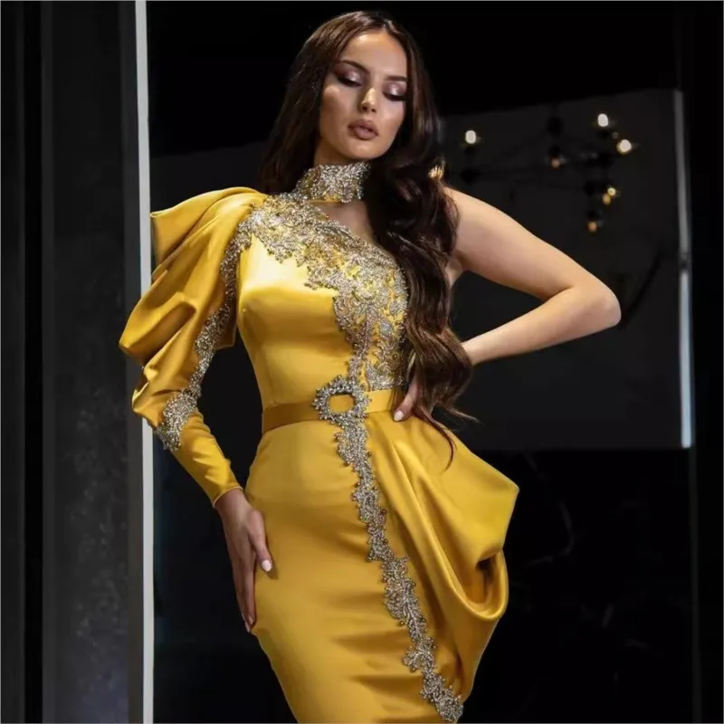 New gold-plated high-neck patchwork irregular banquet dress