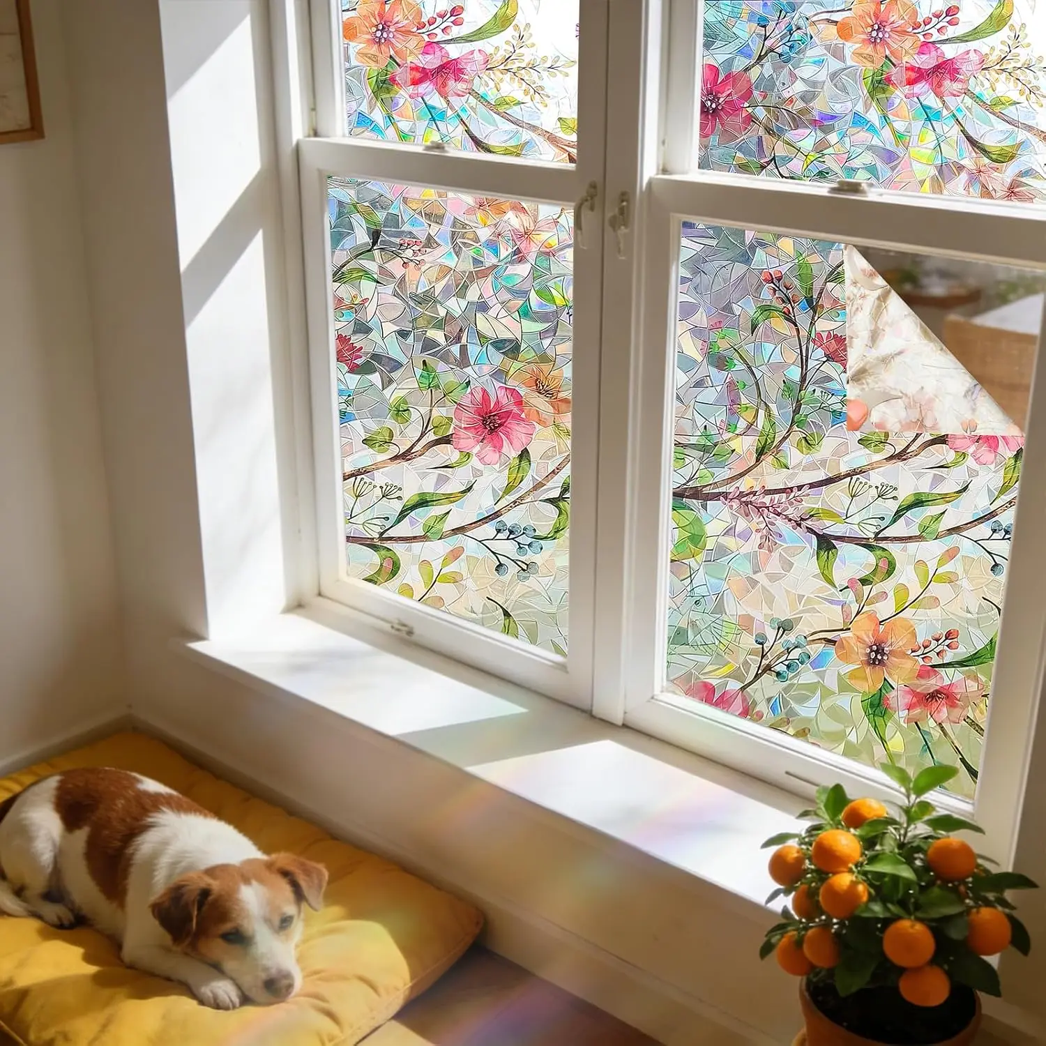 Rainbow Floral Window Film Stained Glass Static Cling Film No Glue UV Block Heat Control Removable Decor Window Sticker for Home