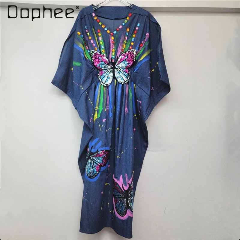 

Heavy Industry Butterfly Bead Long Dress 2025 Summer New Women's Dress Loose Design Fashion V-Neck Dresses Loose Waist Dress