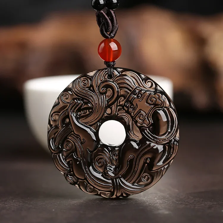 

Natural Ice Obsidian Round Dragon Pixiu Necklace Pendant Black Lucky Amulet Men's Women's Gifts Jewelry