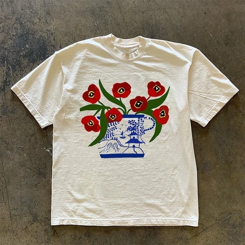 Camiseta Oversized Vintage de Verão 2026 com Estampa Floral de Papoula Vermelha, Camiseta Casual de Manga Curta para Homens e Mulheres