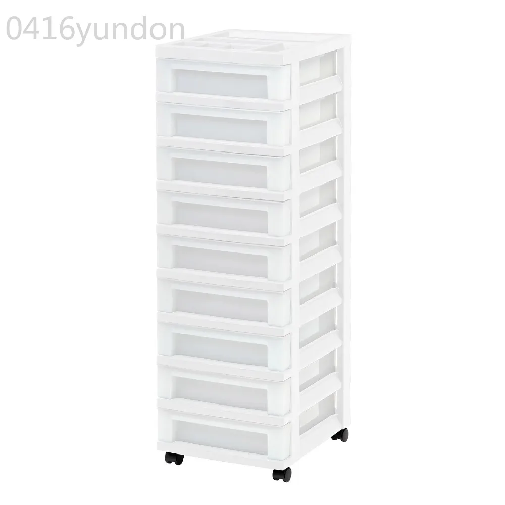 

9-Drawer Narrow Plastic Storage Drawer Cart with Organizer Top, White