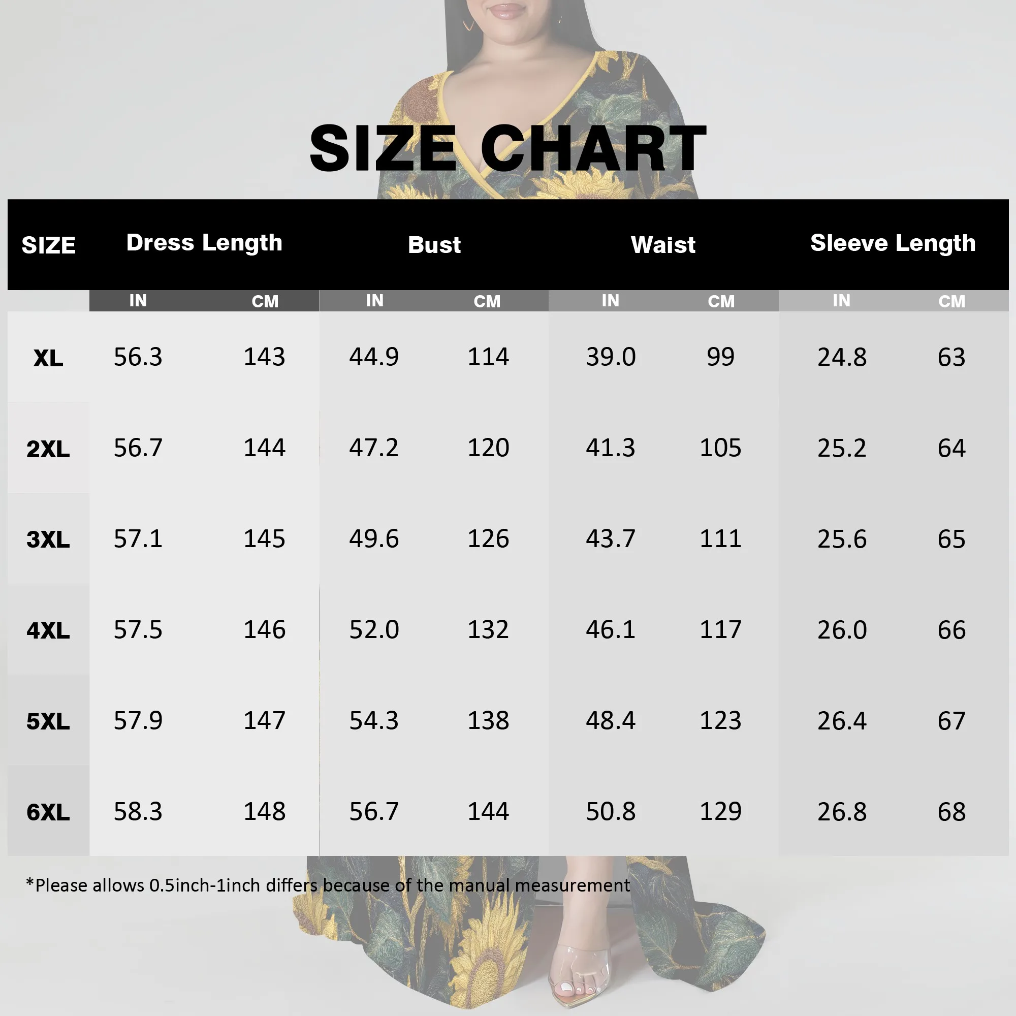 Nupusa zwarte zonnebloemprintjurk voor dames plus maat casual maxi-jurk met V-hals en lange mouwen en riem