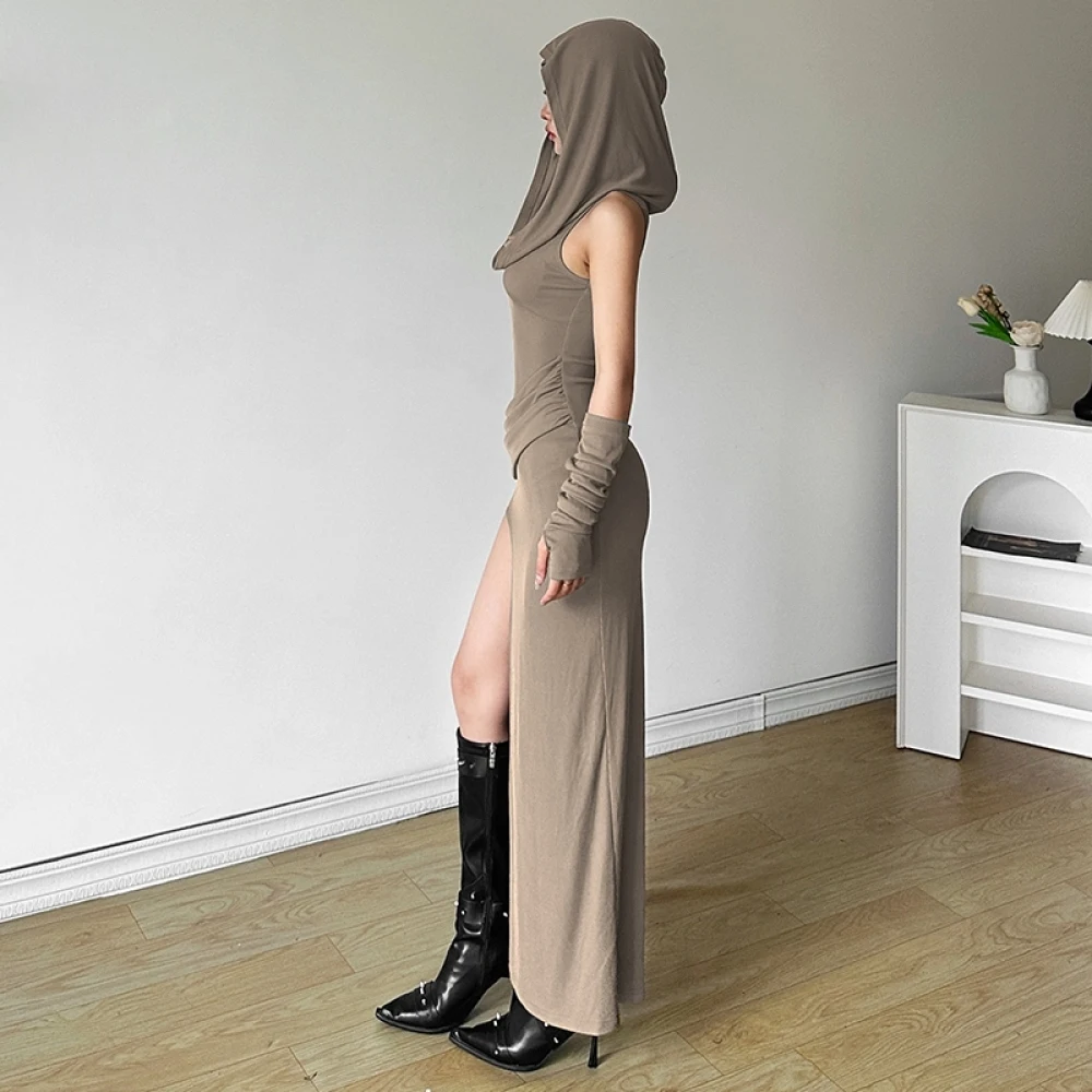 SylCue カジュアルファッション フード付きドレス 女性 スイングカラー ノースリーブ ハイスプリットヘム ストリート エレガント ベーシック クラシック ロング ボディコン