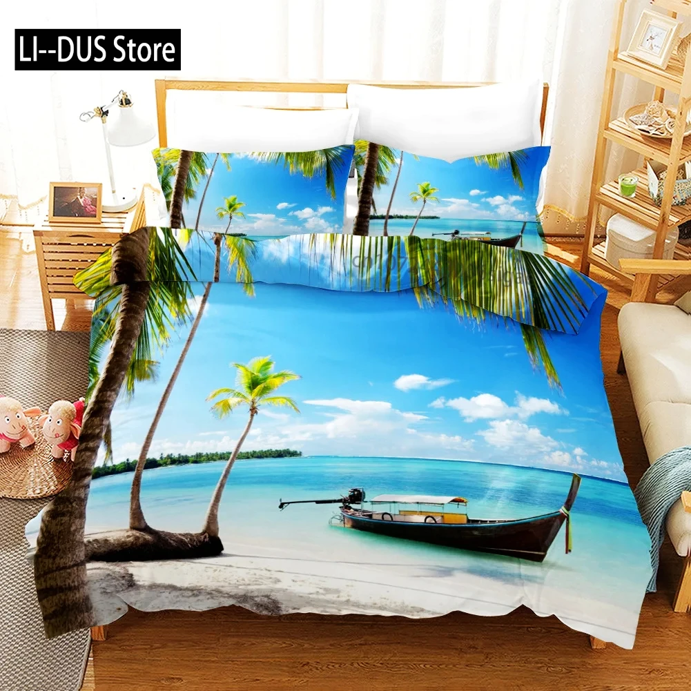Tropical Duvet Cover Set King Size Microfiber Palm Trees Silhouette Sunset Tropical Beach Coastline Exotic Vacations Bedding Set