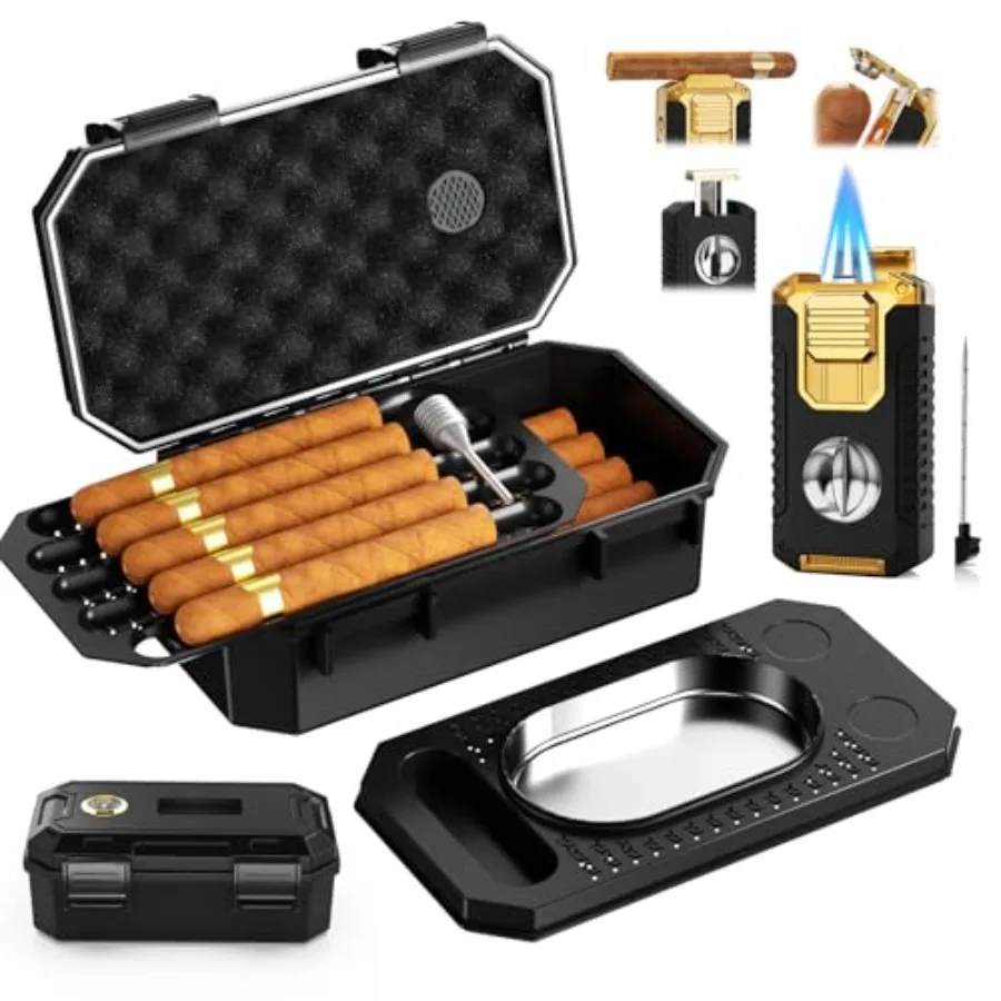 

Travel Cigar Humidor Box set with Cigar Ashtray Cigar Torch Lighter Built-in V Cutter and Punch and Holder and Draw Enhancer To