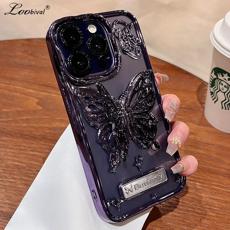 Glitter Butterfly Gradient Stand Case for iPhone 15 16 14 12 13 Pro Max 14Pro Bracket Transparent Plating Soft Silicone Cover