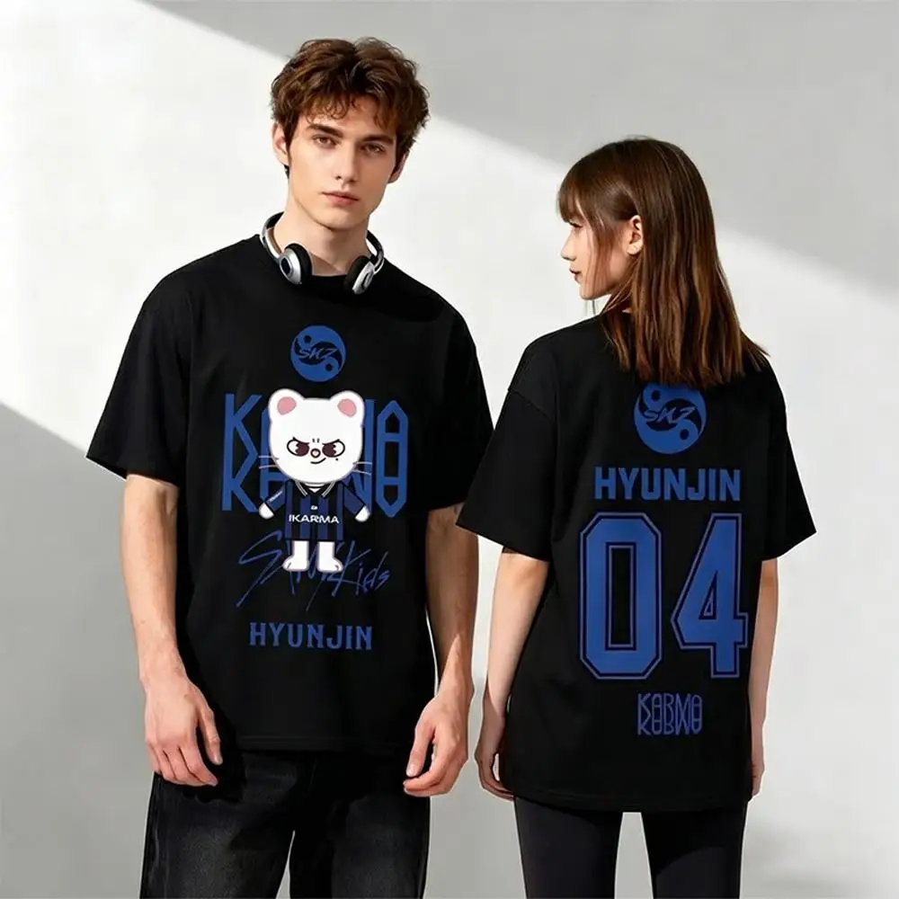 

2026 New KPOP KARMA Fan Support T-Shirt Korean Fashion HYUNJIN Cartoon Print Tee Men's Women's Y2K Harajuku Style Round Neck Top
