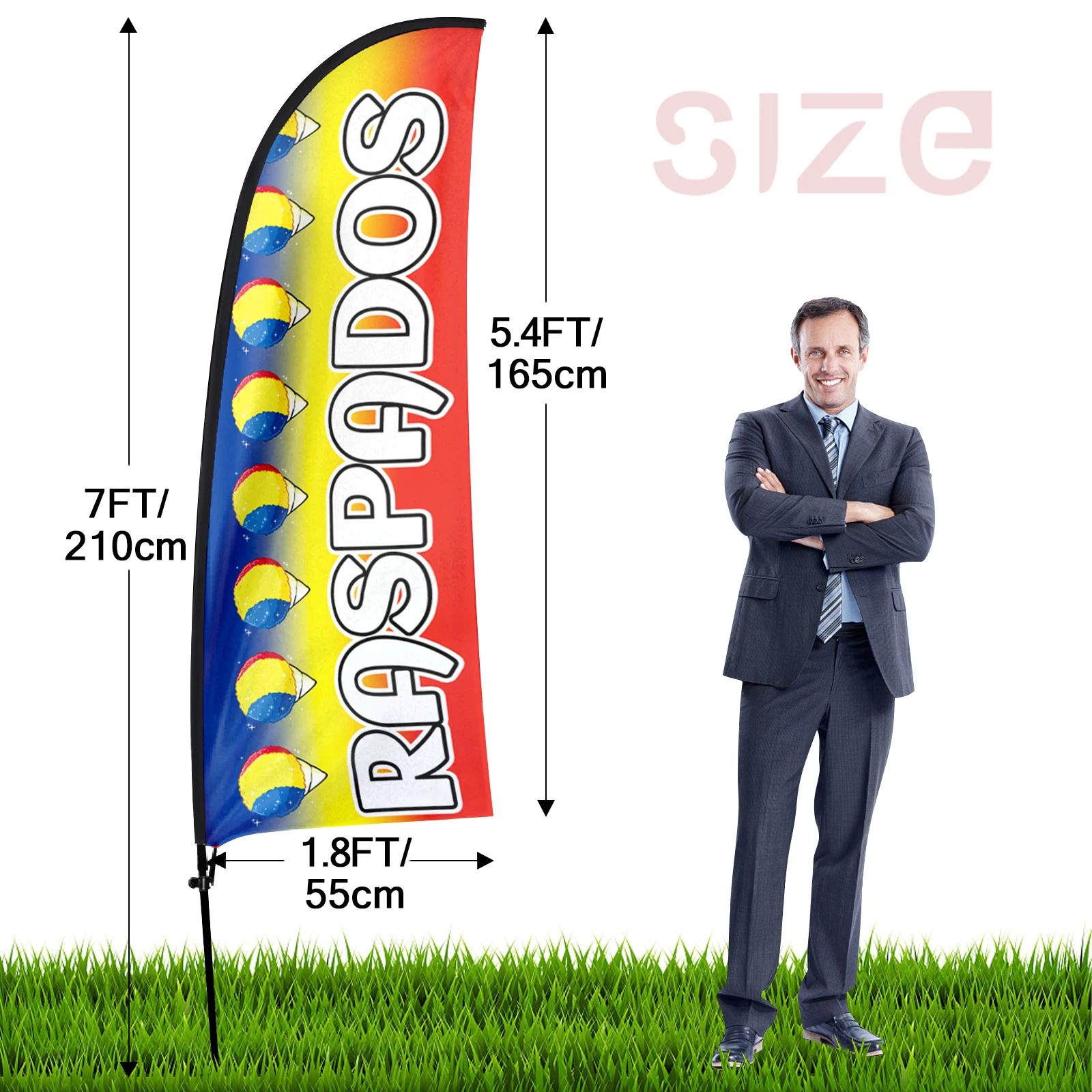 FSFLAG Raspados Feather Flag，7 FT Tall Business Windless Flag Signs with Pole Kit and Ground Spike Banner