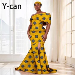 African Dresses for Women Festival Party Dashiki Ankara Print Off Shoulder Dress with Headwrap Wedding Bridal Dress 2425159