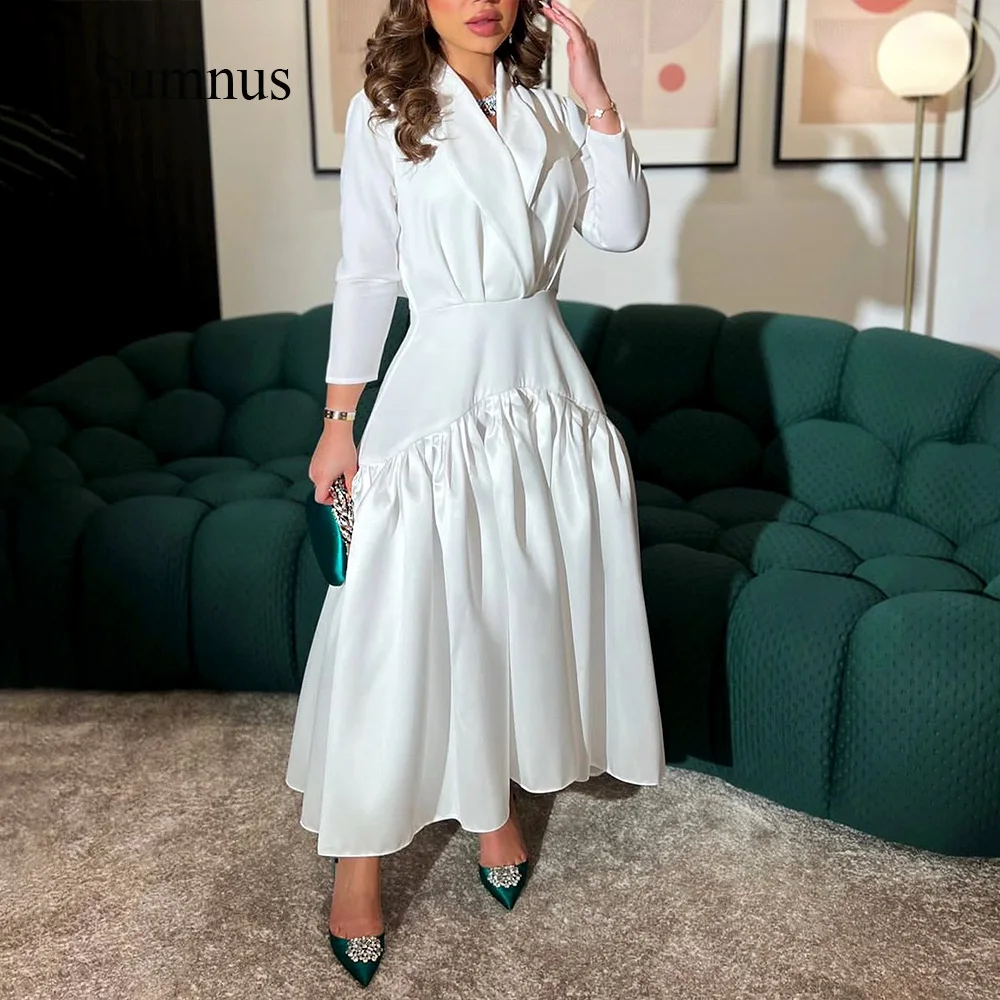 

Sumnus White A Line Long Saudi Arabia Evening Dresses Three Quarter Sleeve V Neck Elegant Formal Wedding Party Gowns Tea Length