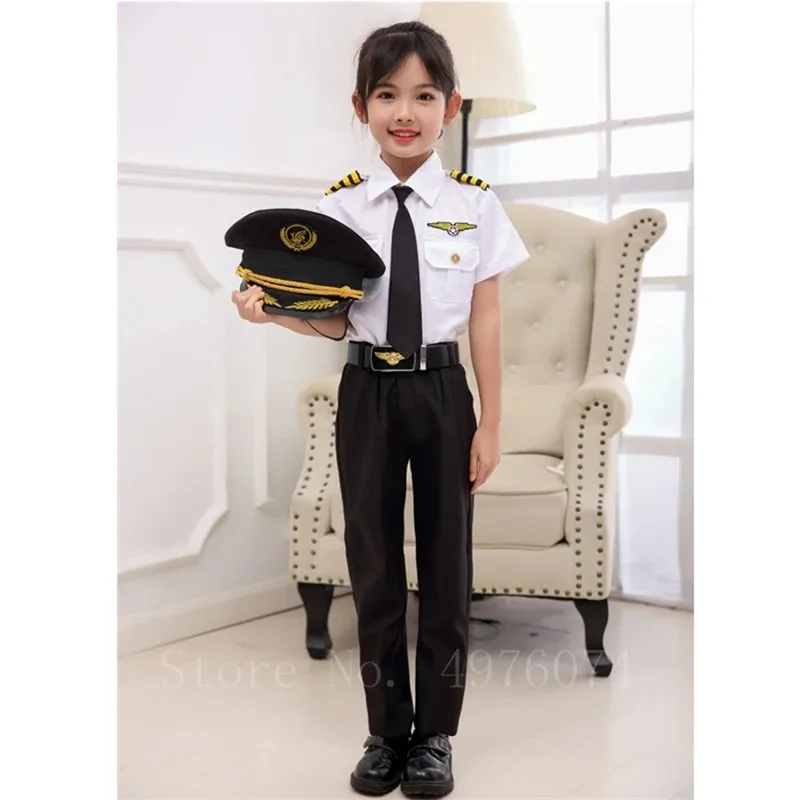 Costume cosplay da pilota per bambini, assistente di volo, per Halloween, regalo per feste in maschera, set di abbigliamento per hostess dell'aeronautica